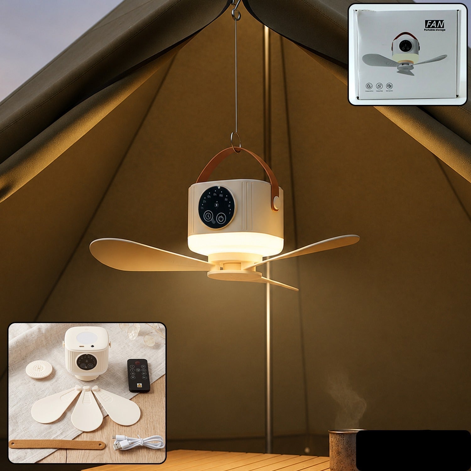 3 In 1 Rechargeable Camping Fan With Led Light Timer And Hanging Hook (1 Pc)