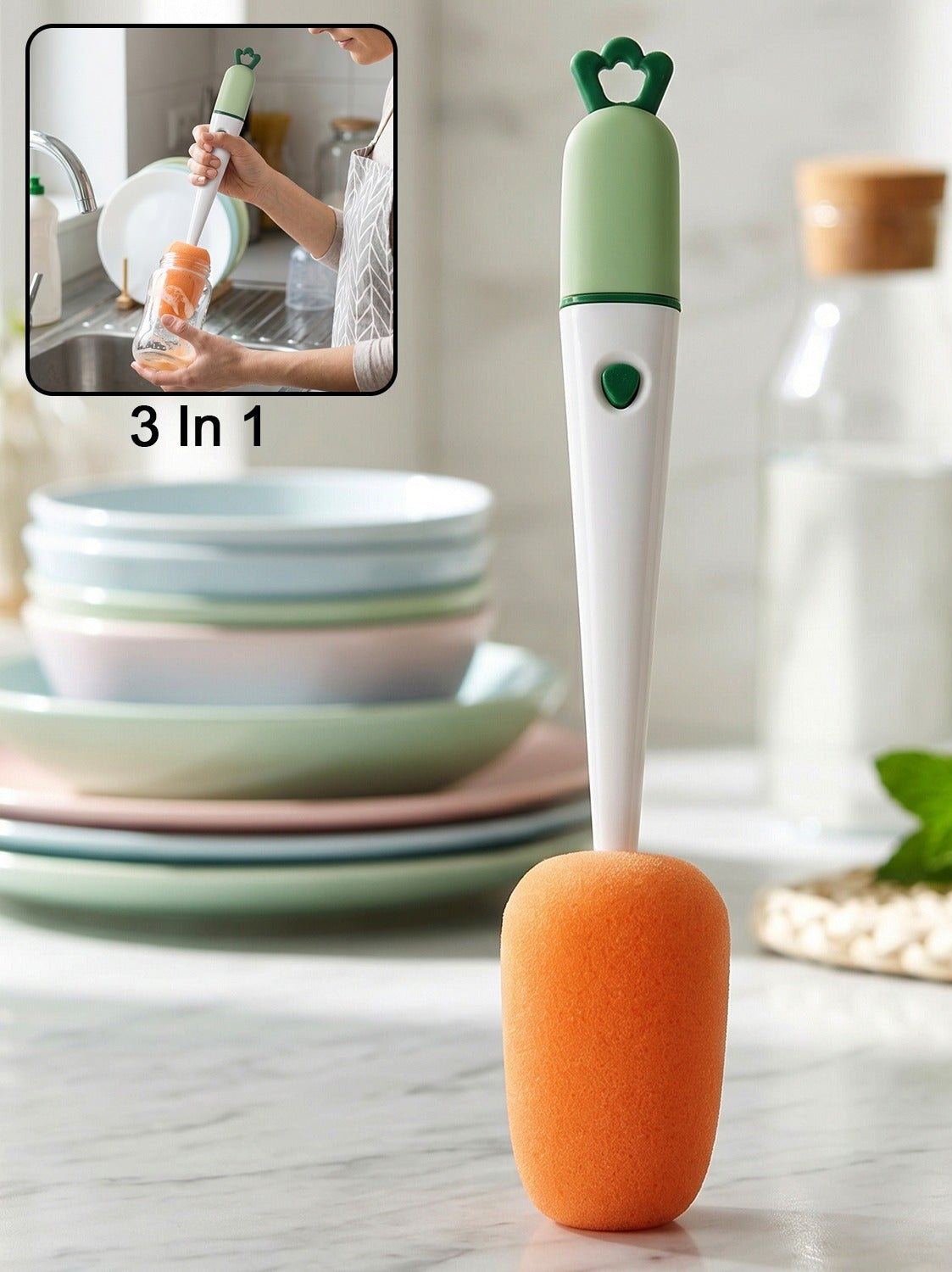 3 In 1 Carrot Bottle Cleaning Brush With Sponge For Cups And Flasks (1 Pc)