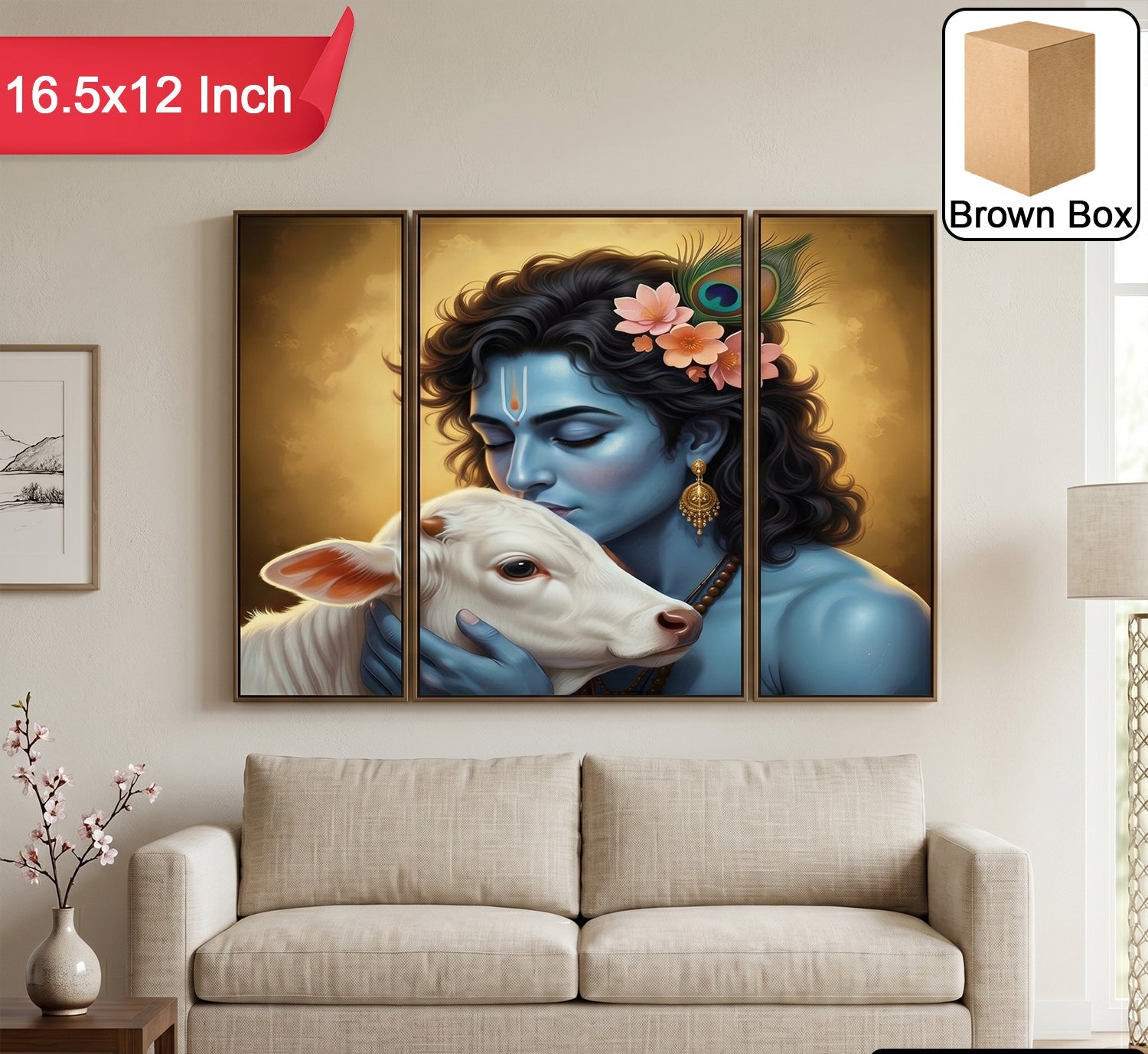 Krishna N Cow 3 Panel Mdf Wall Frame Wall Art Painting 16.5x12in (1 Pc)