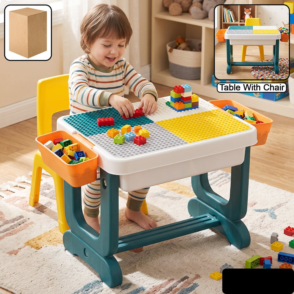 Kids Building Block Activity Table And Chair Set With Storage Bins (2 Pc Set)